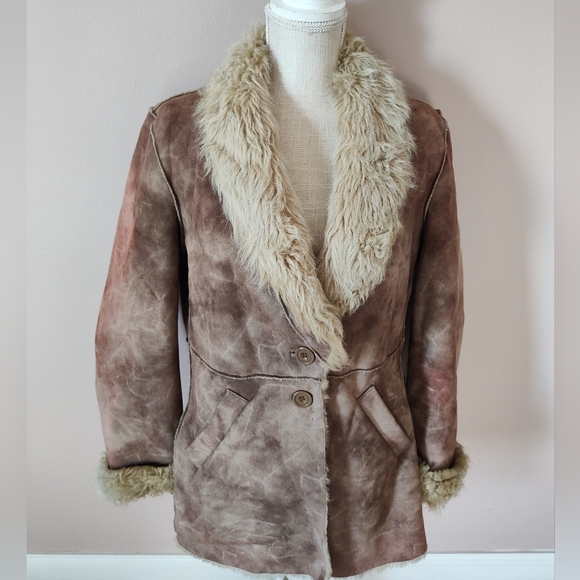 🥰 Vintage Y2K OUTBROOK "Penny Lane" Faux Suede/Faux Fur Overcoat, Distressed, M - Picture 6 of 16